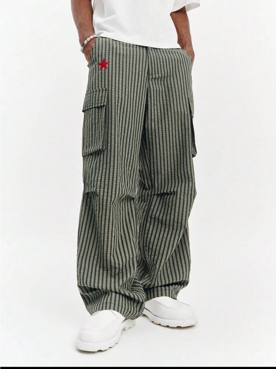 Other - Striped Cargo Wide-Leg Pants in Olive Green with Red Star